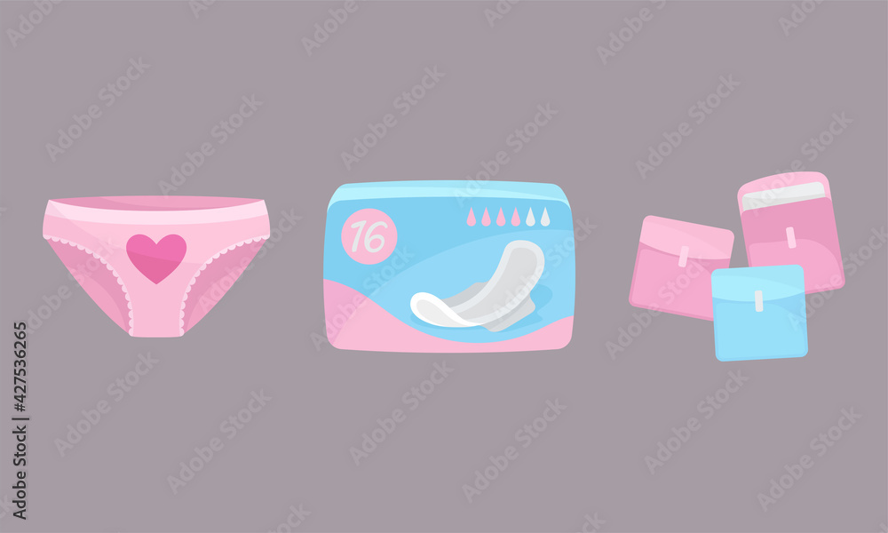 Menstruation or Period with Female Sanitary Pad and Panties Vector Set Menstruation or Period with Female Sanitary Pad and Panties Vector Set