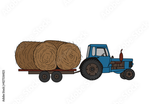 Agricultural tractor with trailer, hay and straw harvesting. Vector illustration, color icon of a rural vehicle.