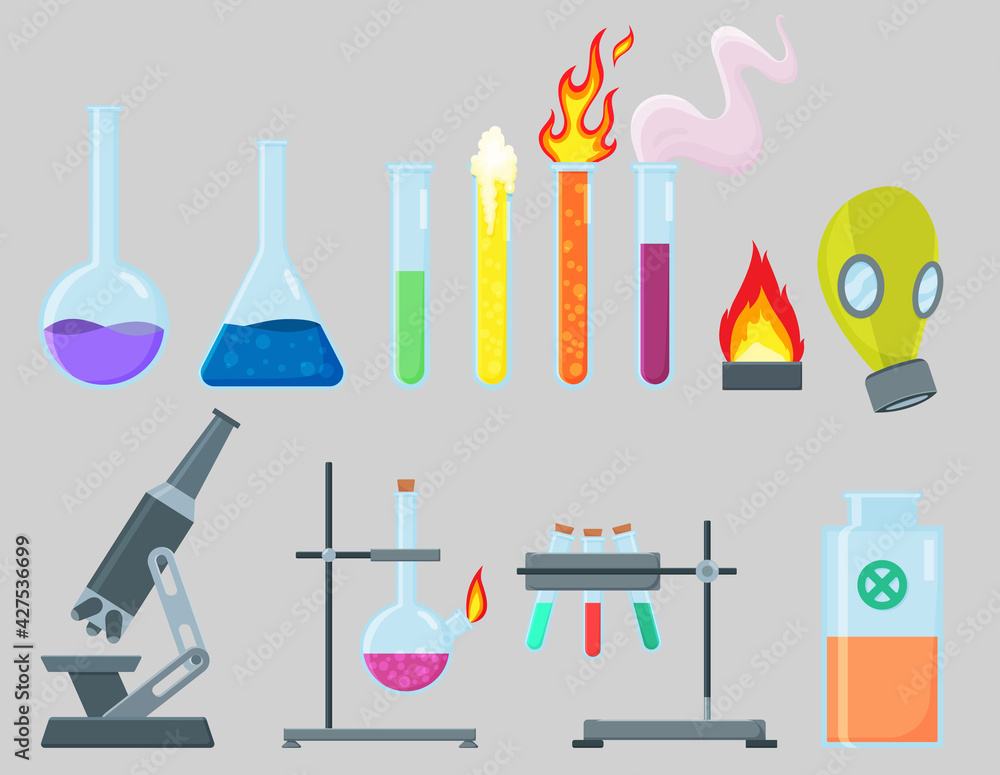 Chemical Experiment Laboratory Equipment Set. Glass Flasks, Microscope ...