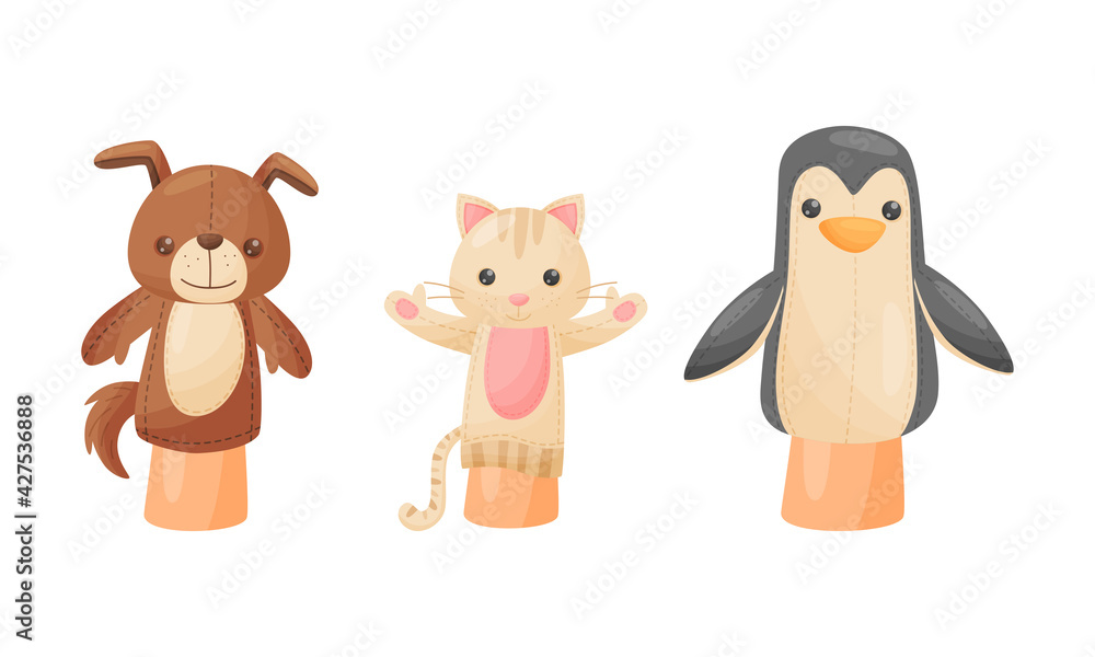 Hand Puppet Toy Made from Fabric Wore by Hand Vector Set Hand Puppet Toy Made from Fabric Wore by Hand Vector Set