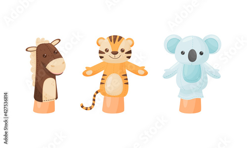 Hand Puppet Toy Made from Fabric Wore by Hand Vector Set