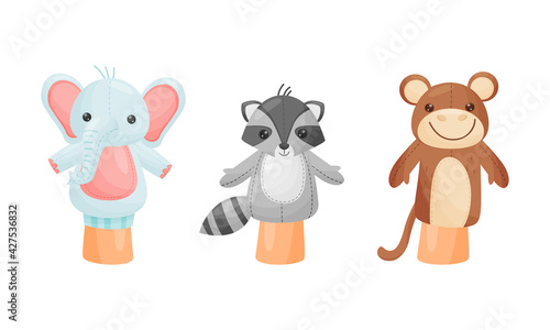 Hand Puppet Toy Made from Fabric Wore by Hand Vector Set