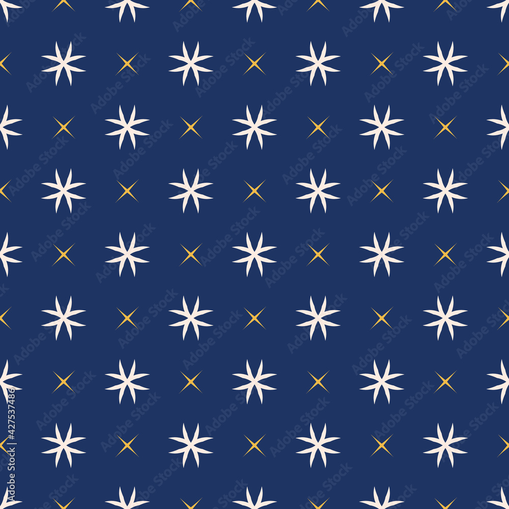 Simple vector geometric floral texture. Abstract seamless pattern with small flower silhouettes, crosses, stars. Elegant minimal ornament. Dark blue, yellow and white color background. Repeat design