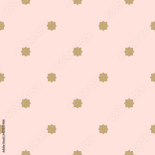 Golden vector seamless pattern with small stars, diamond shapes, dots. Abstract minimal gold and light pink geometric texture. Simple minimalist background. Luxury repeat design for wallpaper, prints
