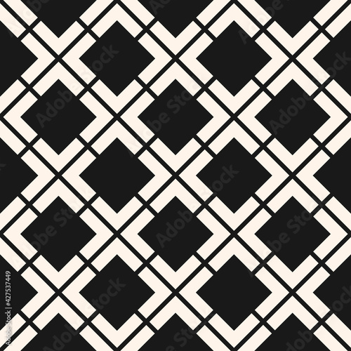 Vektor geometrische nahtlose Muster. Abstrakte Schwarz-Weiß-Textur mit Rauten, Rauten, Quadraten, Gitter, Gitter, Grill, Netz. Stilvoller moderner monochromer Hintergrund. Einfaches Wiederholungsdesign