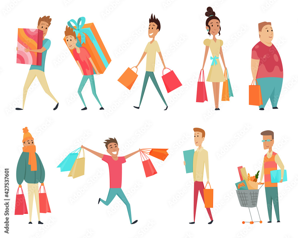 Set of shopping people concepts. Flat design. Collection of smiling women and man character with gift box, paper bags and trolley with goods. Pleasure of purchase. For sales and discounts Set of shopping people concepts. Flat design. Collection of smiling women and man character with gift box, paper bags and trolley with goods. Pleasure of purchase. For sales and discounts