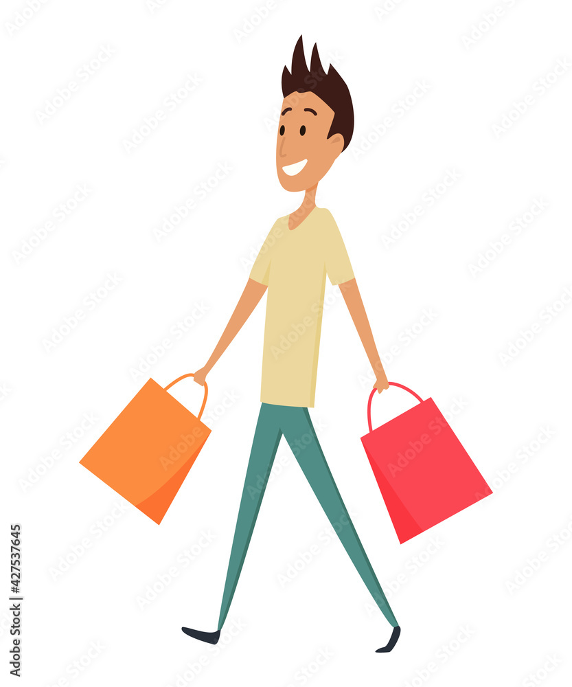 Shopping Man character with paper bags in his hands. Smile with pleasure of purchase perfect goods. Good for sales and discounts. concepts. Flat design Shopping Man character with paper bags in his hands. Smile with pleasure of purchase perfect goods. Good for sales and discounts. concepts. Flat design