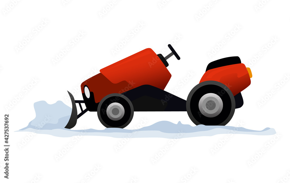 Equipment cleans the road from the snow. Road works. Snow plow equipment isolated on white background. Snow plow mini tractor, snowblower transportation