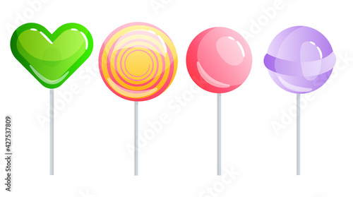 Set of sweets on white background - hard candy and bar, candy cane, lollipop, candy on stick. Tasty delicious.  illustration