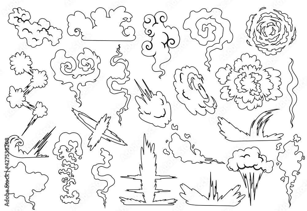 Explosion with smoke cloud. Fog flat isolated clipart for advertising posters, effects and design. Cartoon white smoke. illustration. Sketch style Explosion with smoke cloud. Fog flat isolated clipart for advertising posters, effects and design. Cartoon white smoke. illustration. Sketch style