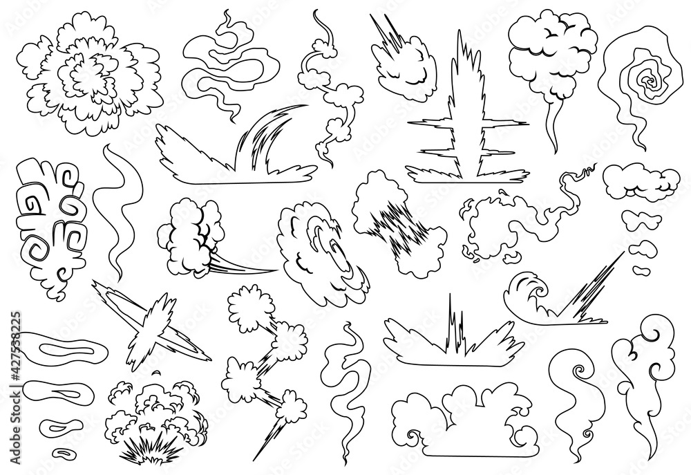 Fototapeta premium Explosion with smoke cloud. Fog flat isolated clipart for advertising posters, effects and design. Cartoon white smoke. illustration. Sketch style