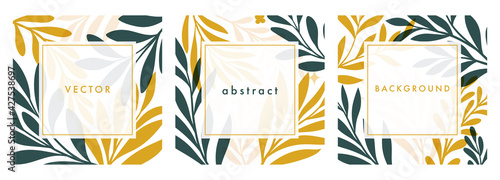 Set of square template with botanical elements. Modern vector floral illustration for print design, social media post, web ads. Abstract plant background.