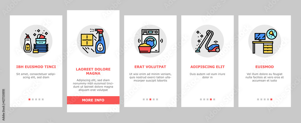 Housekeeping Cleaning Onboarding Mobile App Page Screen Vector. Laundry, Window Sponge And Vacuum Cleaner. Washing Machine And Cleaning Service Worker Illustrations Housekeeping Cleaning Onboarding Mobile App Page Screen Vector. Laundry, Window Sponge And Vacuum Cleaner. Washing Machine And Cleaning Service Worker Illustrations