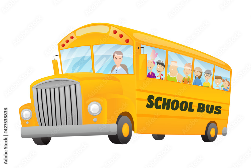 Classic american old school bus. Kids riding on school bus. Free travel. Color school banner