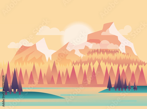 illustration of beautiful fields landscape with a sunset, yellow hills, bright color sky, background in flat cartoon style © the8monkey