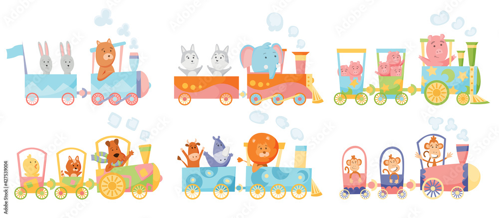 Cartoon set with different animals on trains. Fox giraffe monkey elephant bear pigs bunny tiger behemoth parrot. Flat elements for postcard, book or print Cartoon set with different animals on trains. Fox giraffe monkey elephant bear pigs bunny tiger behemoth parrot. Flat elements for postcard, book or print