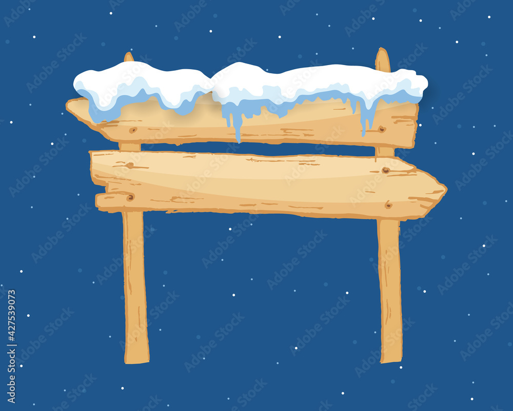 Cartoon wooden winter sign with snow cap illustration. Snowy sign board
