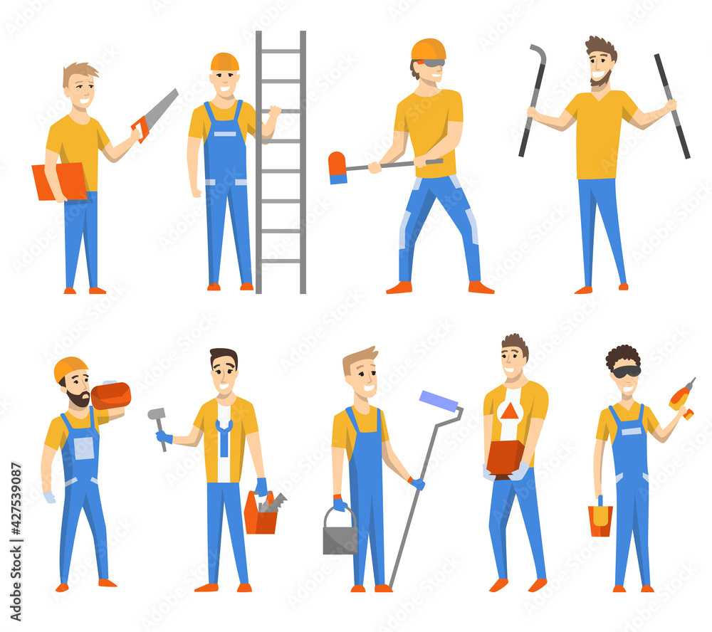 Engineers and designers for building construction. isolated set of character. Mans wearing uniform and using different instruments and paint roller