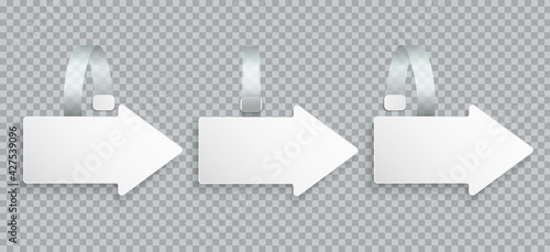 White realistic blank advertising wobblers isolated on transparent background. Arrow wobbler paper sale discount tags. Mockup template for design. Concept for promotion sales, supermarket price tag