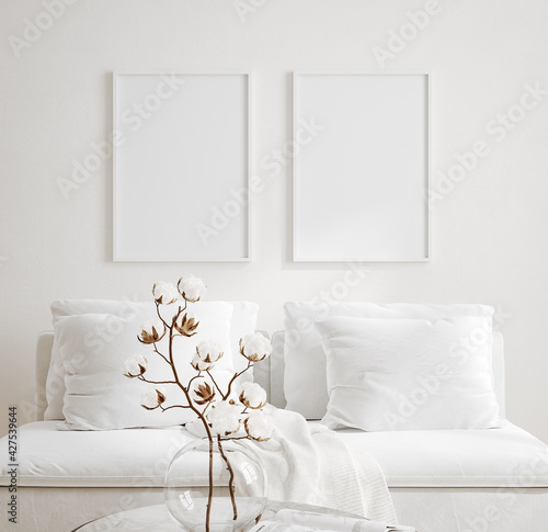 Mockup frame in cozy light minimalist living room interior close up, Scandinavian interior background, 3d render