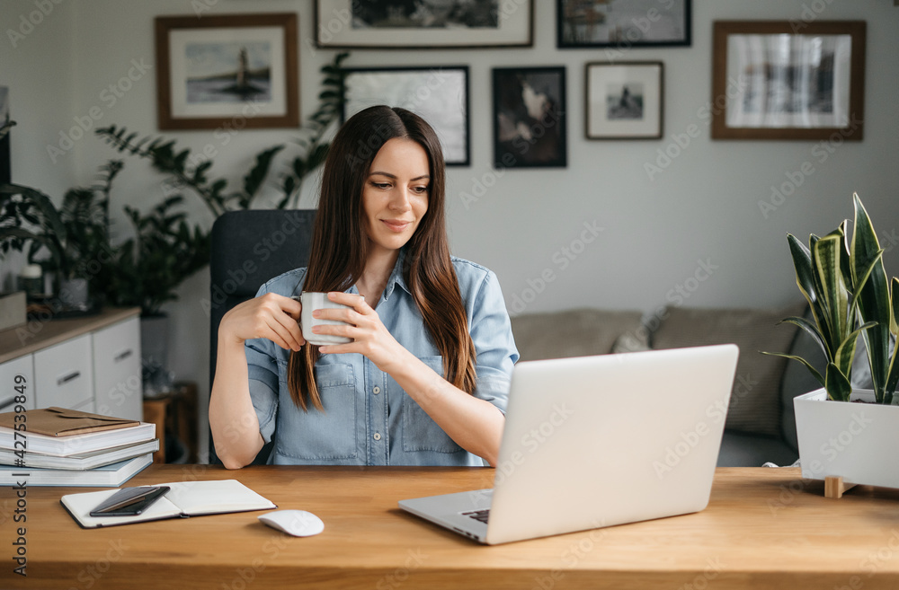 Happy young woman using laptop at home Happy young woman using laptop at home