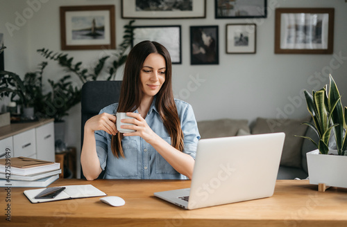 Happy young woman using laptop at home