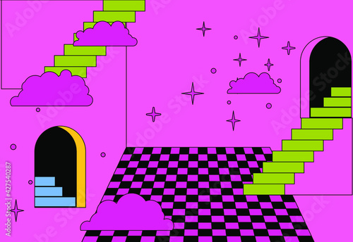 Surreal vaporwave room interior with a checkerboard floor and stairs. Trendy pop art psychedelic style illustration.