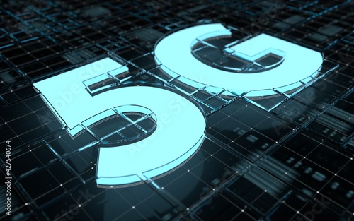 5G symbol on dark digital background. 3D illustration.