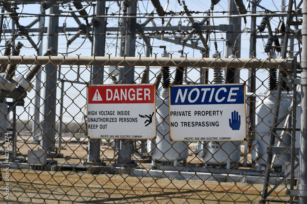 Caution signs on the transformer station Caution signs on the transformer station