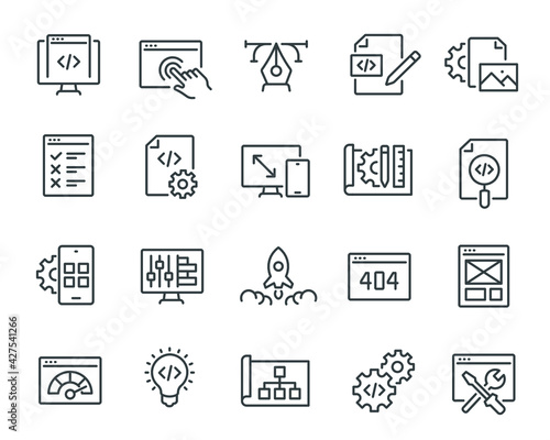 Web Development Icons Set. Such as Project Launch, Website Customization And Design, Testing, Code Hierarchy, Mobile Application, Layout and other. Editable vector stroke.