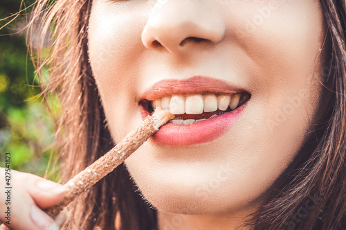 Beautiful girl cleans her  healthy white teeth with eco miswak stick. Smiling woman uses  organic toothbrush at nature. Traditional  islamicarabian  teeth care with siwak.