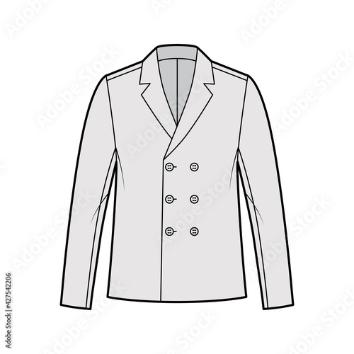 Blazer coat technical fashion illustration with long sleeves, fingertip length, notched shawl collar, oversized body. Flat jacket template front, grey color style. Women, men, unisex top CAD mockup