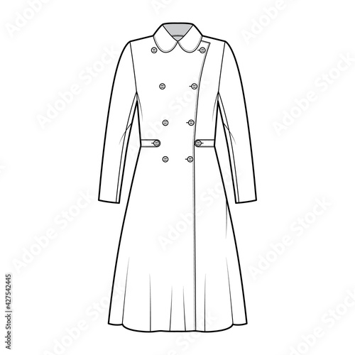 Skating coat technical fashion illustration with tabs, double breasted, round collar, knee length, A-line silhouette. Flat jacket template front, white color style. Women, men, unisex top CAD mockup