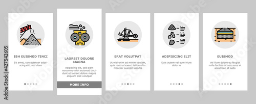 Crushed Stone Mining Onboarding Mobile App Page Screen Vector. Heavy Machinery And Excavator, Dump Truck And Railway Carriage, Stone Mine Equipment Illustrations