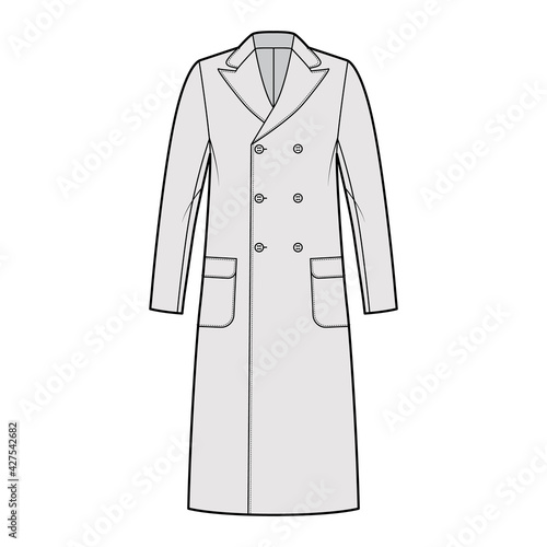 Polo coat technical fashion illustration with double breasted, midi length, round peak collar, flap patch pockets. Flat camel hair jacket template front, grey color style. Women, men, top CAD mockup