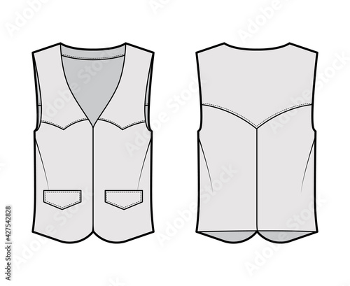 Western vest waistcoat technical fashion illustration with sleeveless, yoke, flap pockets, fitted body . Flat apparel template front, back, grey color style. Women, men, unisex top CAD mockup