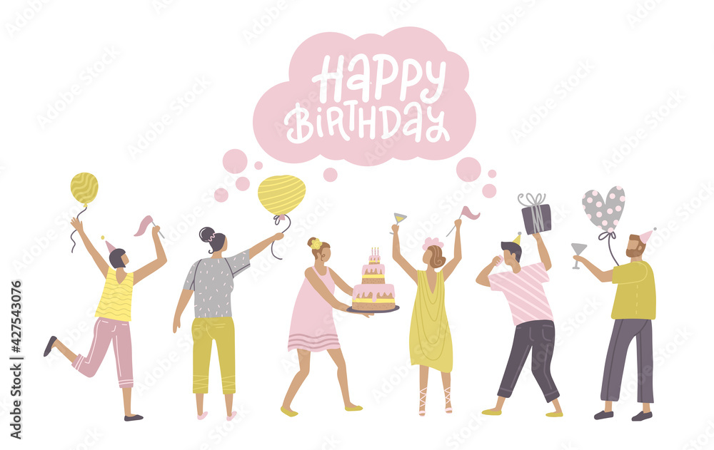 Jumping people with presents, balloons and bday cake. Dancing men ans women with gifts and glasses. Vector concept for birthday party or discounts sale promotion banner. Flat modern illustration Jumping people with presents, balloons and bday cake. Dancing men ans women with gifts and glasses. Vector concept for birthday party or discounts sale promotion banner. Flat modern illustration