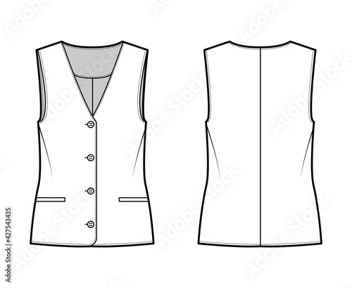 Button front vest waistcoat technical fashion illustration with sleeveless, welt besom pockets, fitted body. Flat apparel template front, back, white color style. Women, men, unisex top CAD mockup