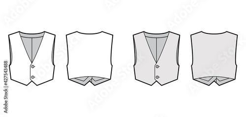 Short vest waistcoat technical fashion illustration with cropped length, V-neckline, button-up closure. Flat apparel template front, back, white, grey color style. Women, men, unisex top CAD mockup