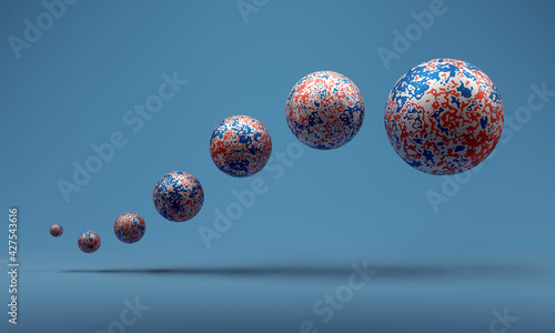 A group of floating spheres with a chaotic wavy pattern arranged in a curved line on a light blue background. 3d rendering