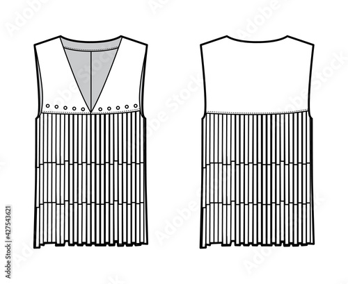 Hippie vest waistcoat technical fashion illustration with fringe, sleeveless, V-neckline, rivets, oversized body. Flat apparel template front, back, white color style. Women, men unisex top CAD mockup
