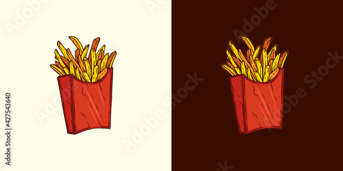 Original vector illustration in vintage style. French fries in a red paper box.