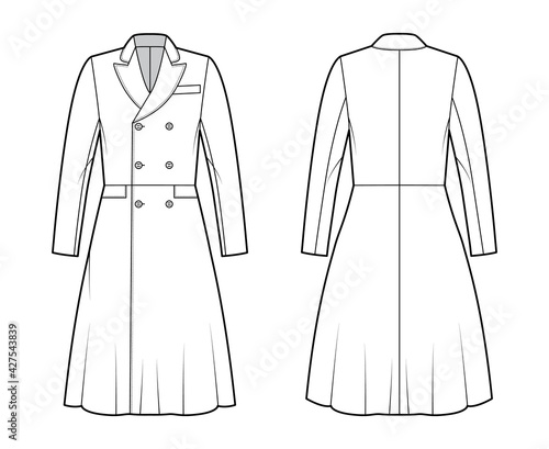Frock coat technical fashion illustration with double breasted, long sleeves, round collar peak, knee length, A-line skirt. Flat template front, back, white color style. Women, men, unisex CAD mockup