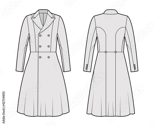 Redingote coat technical fashion illustration with double breasted, fitted, long sleeves, peak lapel collar, knee length. Flat jacket template front, back grey color style. Women, men, unisex top CAD