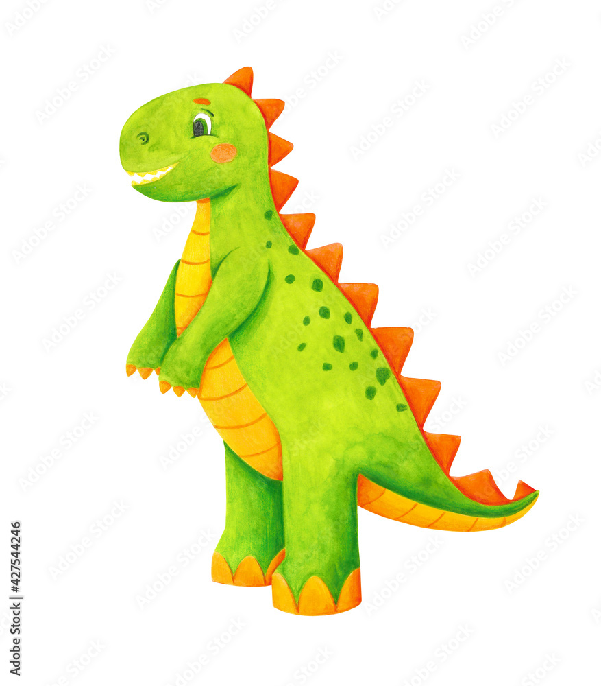 Fototapeta premium Green dinosaur clip art isolated on white. Watercolor cute tyrannosaurus illustration.