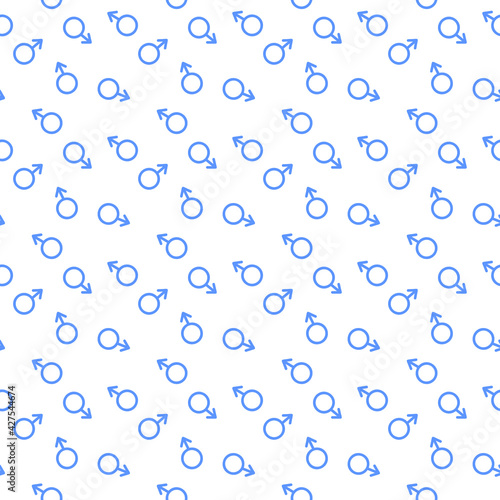 Male gender seamless pattern. Men sex symbols, Mars signs. Print for gender reveal party, baby boy shower. Vector flat illustration. 