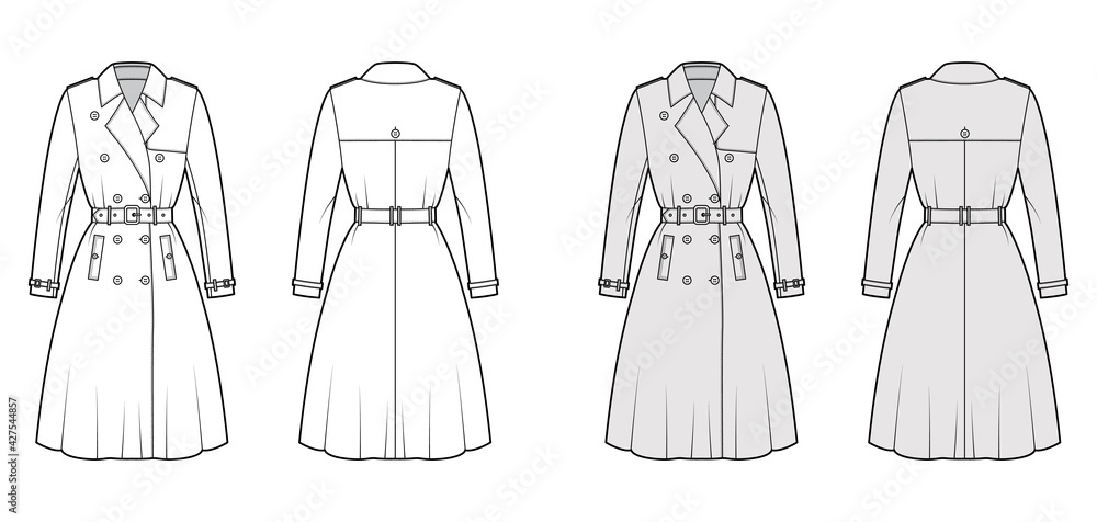 Full Trench coat technical fashion illustration with belt, double breasted, long sleeves, knee length, storm flap. Flat jacket template front, back, white, grey color style. Women, men top CAD mockup Full Trench coat technical fashion illustration with belt, double breasted, long sleeves, knee length, storm flap. Flat jacket template front, back, white, grey color style. Women, men top CAD mockup