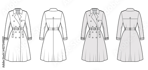 Full Trench coat technical fashion illustration with belt, double breasted, long sleeves, knee length, storm flap. Flat jacket template front, back, white, grey color style. Women, men top CAD mockup