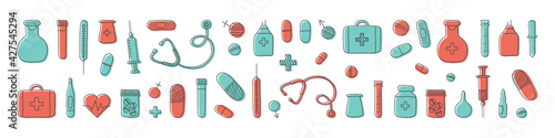 Medicine vector icon hand drawn, simple medical set. First aid kit, syringe, stethoscope, vial, pills, vaccine isolated on white background. Healthcare illustration