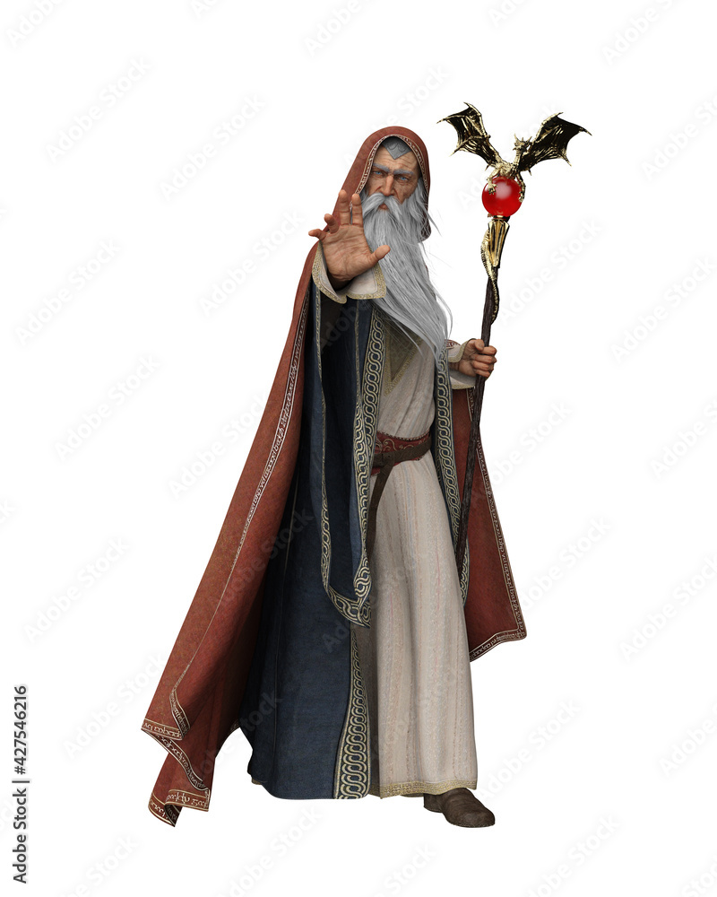 3D rendering of an old wizard in robes and hooded cloak, holding a magical staff isolated on white.